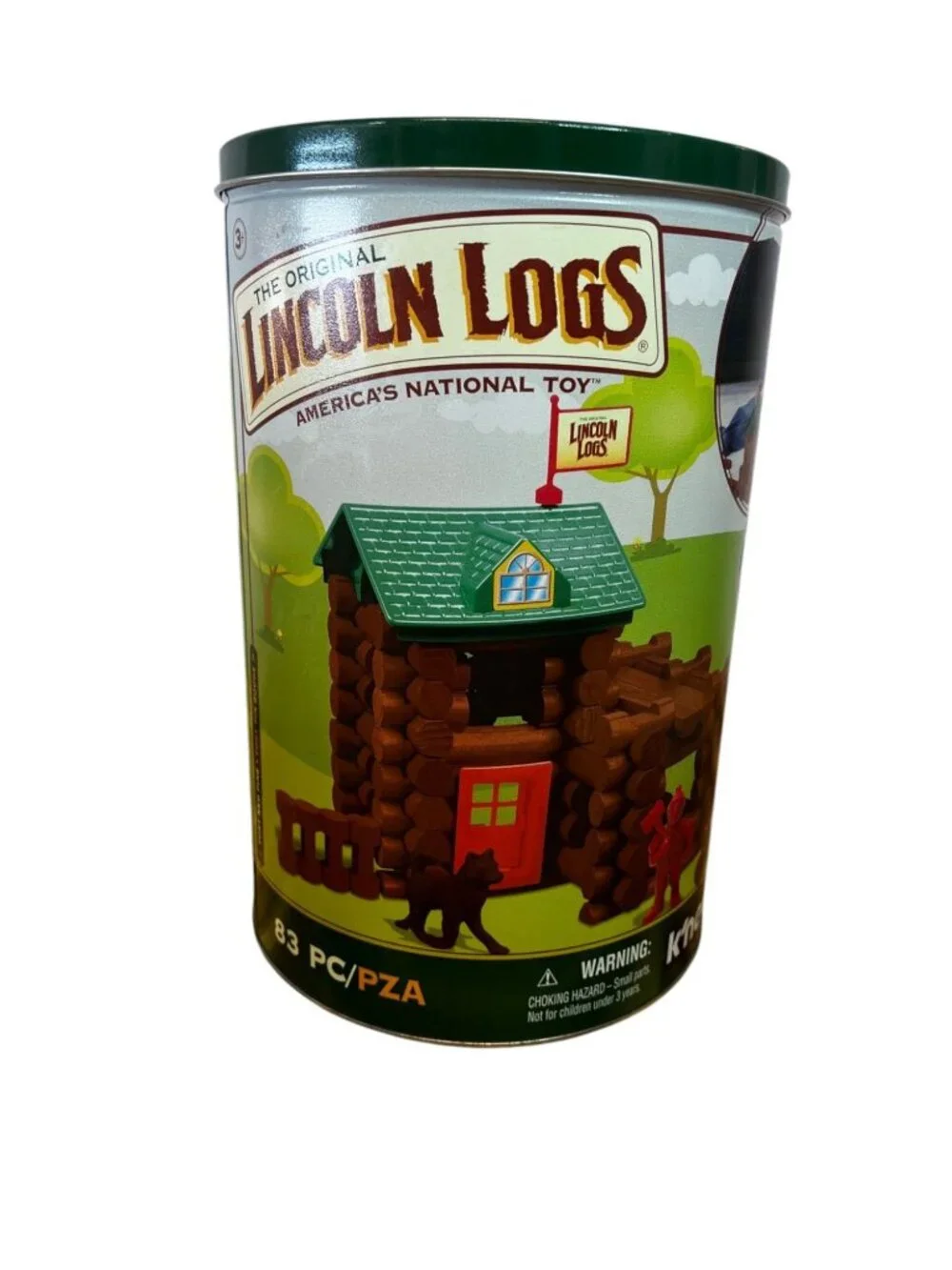 Lincoln Logs, made in the USA, includes can for storage, circa 2017